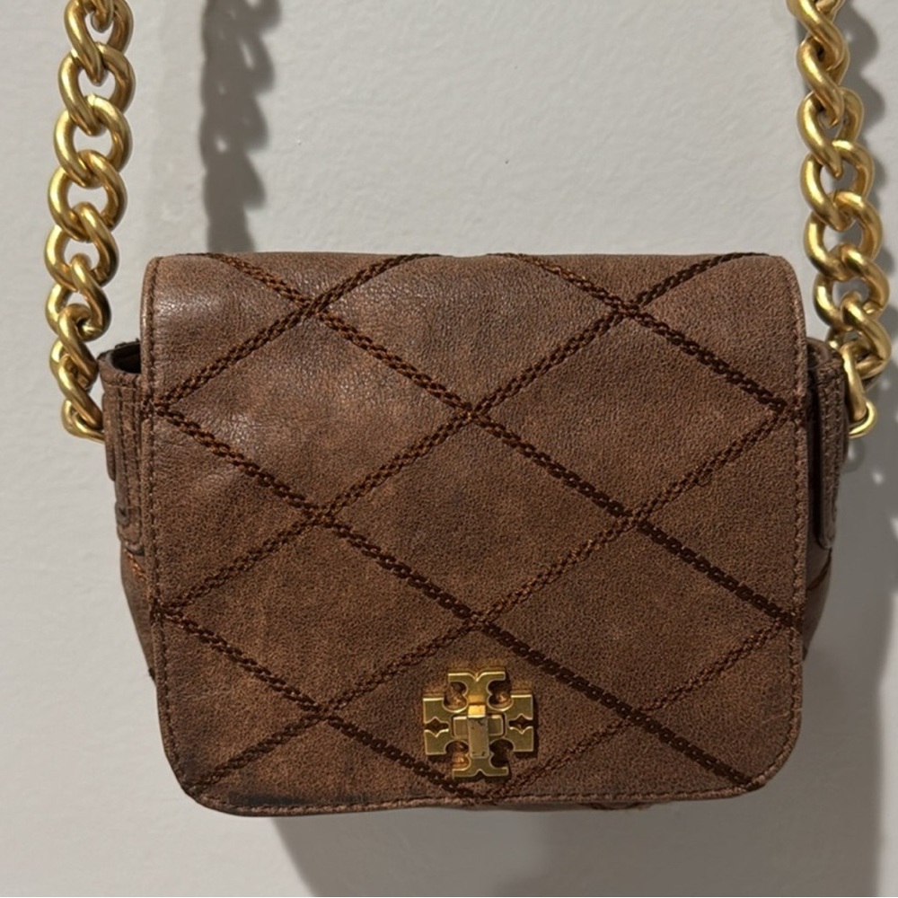 Tory Burch Quilted Brown Crossbody with Gold Accents